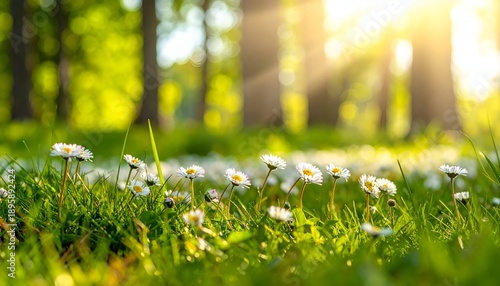 Daisies blooming in green meadow beneath dappled sun rays in a wooded glade with blurred background