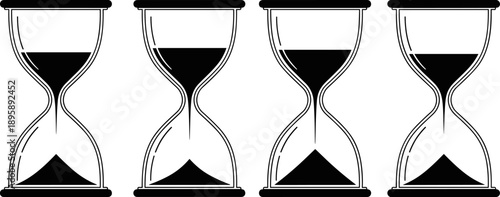 Set of four minimalist hourglass icons showing different stages of sand falling to represent time passing or progress.