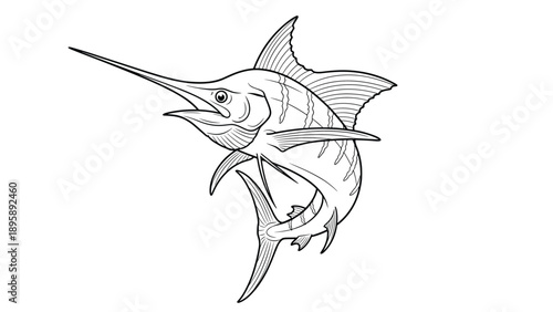 Detailed line art drawing of a majestic marlin fish leaping out of the water, showing its sharp bill and large dorsal fin.