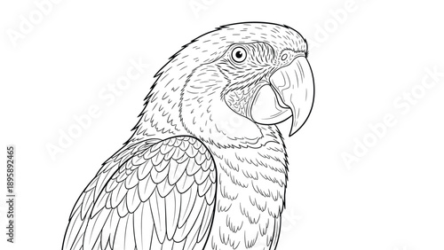 Portrait of a parrot head featuring intricate feather details and a powerful beak in this professional black and white line art sketch.
