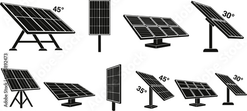 Comprehensive black silhouette collection of various solar panel arrays featuring different tilt angles, mounting styles, and renewable energy configurations.