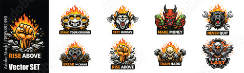 Motivational mascot badge vector set featuring fierce animals, skulls, and power symbols with bold flames. Retro emblem style graphics ideal for gym apparel, streetwear, stickers, patches, and strong 