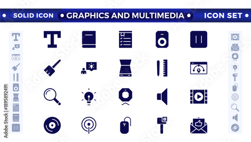Graphics and Multimedia solid icon set. Cinema icon set. Set of cinema, movie, video icons, collection film, TV. Popcorn box package, Big movie reel. Graphic design, creative package, stationery, soft
