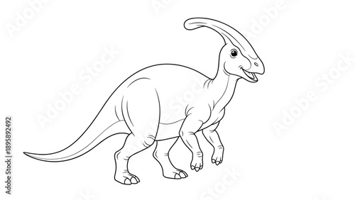 Friendly Parasaurolophus dinosaur with its characteristic head crest is illustrated in a clean black and white line art style for coloring.