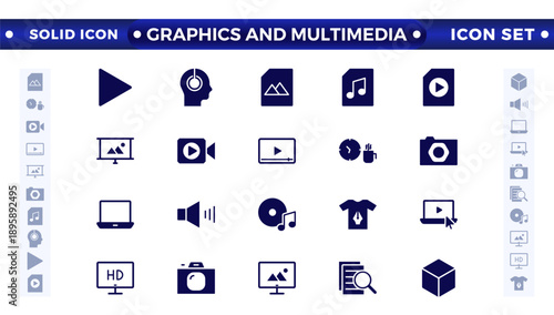 Graphics and Multimedia solid icon set. Cinema icon set. Set of cinema, movie, video icons, collection film, TV. Popcorn box package, Big movie reel. Graphic design, creative package, stationery, soft