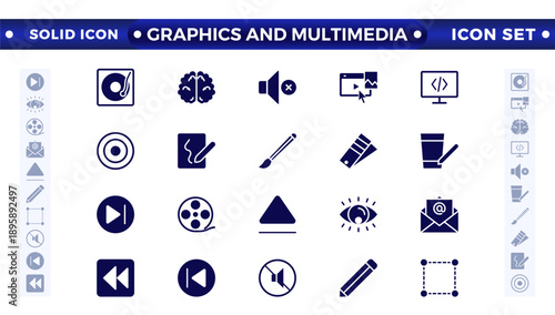 Graphics and Multimedia solid icon set. Cinema icon set. Set of cinema, movie, video icons, collection film, TV. Popcorn box package, Big movie reel. Graphic design, creative package, stationery, soft