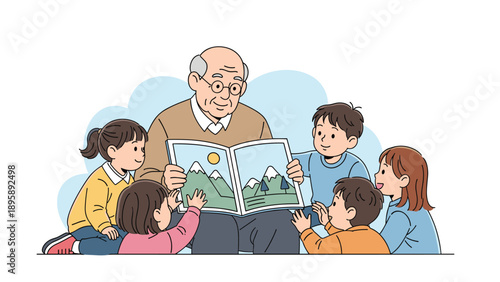 Kind elderly man reading an illustrated storybook to a group of attentive young children sitting on the floor together in a classroom or library.