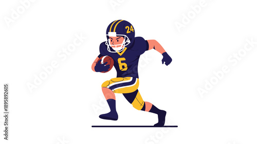 American football player in a blue and yellow uniform running with the ball is captured in a dynamic flat illustration style.
