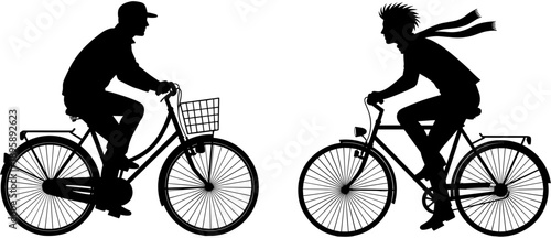Black silhouette collection of male and female cyclists riding bicycles including a commuter with basket and active sport rider.