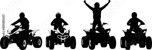 Black silhouette collection of off-road ATV quad bike riders in various action poses including a victory celebration stance.