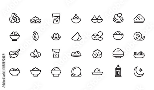 Ramadan food line icon set, iftar meal collection, vector sketches, logo illustrations, ramazan signs
