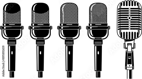 Detailed black and white vector collection of professional studio microphones including vintage radio and modern condenser styles.