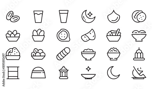 Ramadan food line icon set, iftar meal collection, vector sketches, logo illustrations, ramazan signs