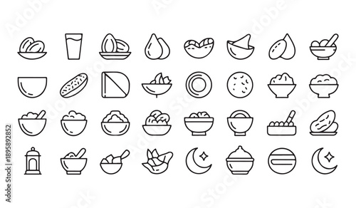 Iftar food icons for ramadan celebration including dates bowls of rice traditional meals and crescent moon
