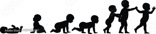 Baby growth stages silhouette from newborn to toddler walking, child development timeline concept, black vector illustration isolated on white background