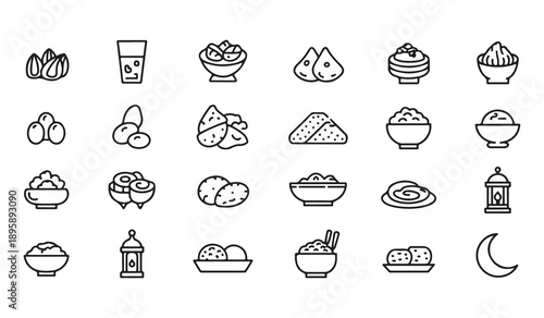 Ramadan kareem traditional iftar food and drinks outline icon set. healthy meal for islam muslim