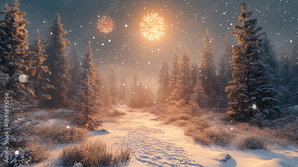 Fototapeta premium Snowy Forest Night Fireworks Scene