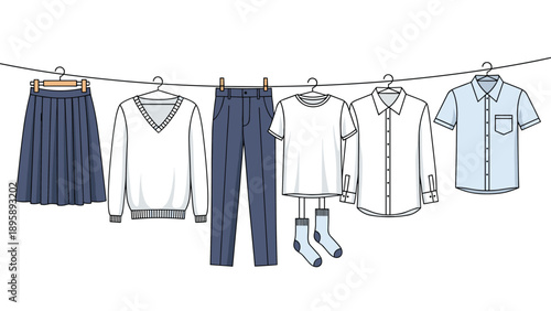 Selection of clean clothing items like a pleated skirt, sweater, trousers, and shirts hanging on a clothesline with wooden hangers to air dry.