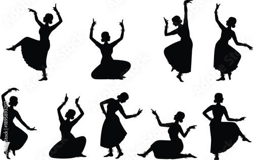 Indian classical dance silhouettes of female Bharatanatyam performers, graceful traditional poses, black vector illustration set, cultural art collection on white background isolated