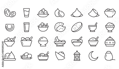 Ramadan kareem traditional iftar food and drinks outline icon set. healthy meal for islam muslim
