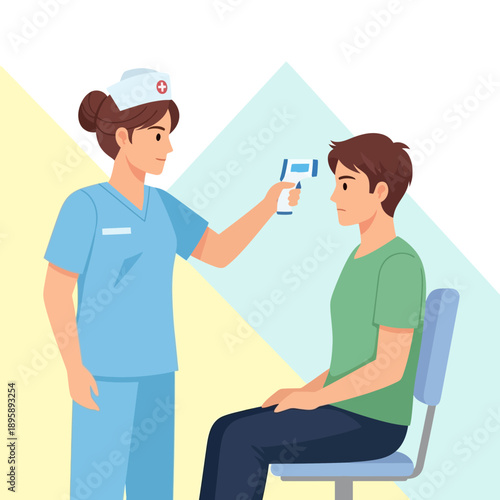 Nurse performing vision test on patient with eye chart, medical professional in blue scrubs and nurse cap, patient sitting on chair.