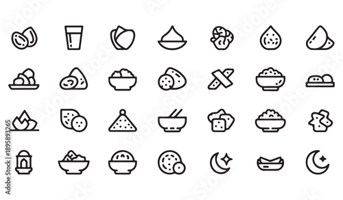 Ramadan kareem traditional iftar food and drinks outline icon set. healthy meal for islam muslim