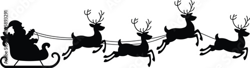Santa Claus flying sleigh with reindeer silhouette, Christmas night delivery concept, festive holiday illustration, black cutout style, winter celebration design