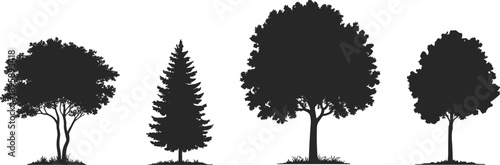 Tree silhouettes collection with different species shapes, black vector illustration of forest nature elements, minimal landscape design isolated on white background