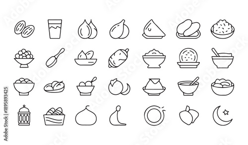 Ramadan food icons featuring dates, drinks, and traditional meals for Iftar and Suhoor