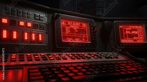 Emergency dispatch console with red glowing screens and buttons, 911 alert active