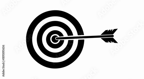 Vector black and white target with arrow hitting bullseye, isolated on transparent background, png
