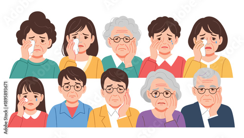 Diverse group of men and women of different ages showing expressions of sadness and grief with visible tears and tissues at a sad event.