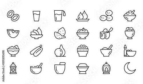 Ramadan food icons featuring dates fruits drinks and traditional meals for Islamic events
