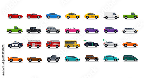 A vibrant collection of pixel art vehicles, showcasing a diverse array of cars, trucks, and emergency vehicles in various colors and styles