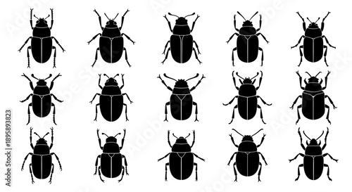 A pattern of numerous black beetle icons on a white background, showcasing a collection of insect graphics