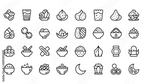 Ramadan food line icons set including traditional middle eastern snacks dates and drinks for iftar dinner