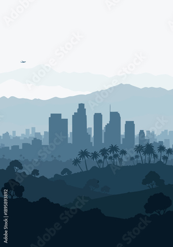 Vector illustration of a modern city skyline, skyscrapers, hills, and mountains in blue gradient. Distant helicopter in sky