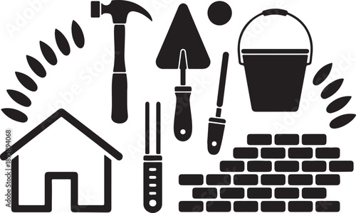 Construction tools and house building icons