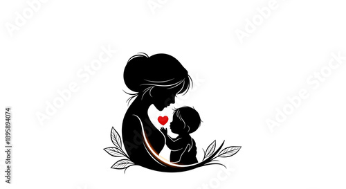 Stylized silhouette icon of a mother gently cradling her baby, with a prominent red heart symbolizing profound maternal love, care, and the enduring family bond