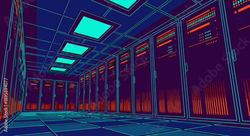 Vibrant vector illustration of a retro-futuristic data center interior, showcasing rows of glowing server racks and digital information flow within a stylized network room