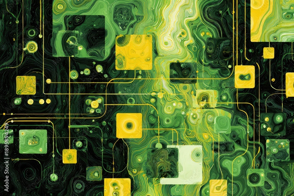 Fototapeta premium Abstract, vibrant art. Green, yellow squares are connected with gold lines, on a flowing background