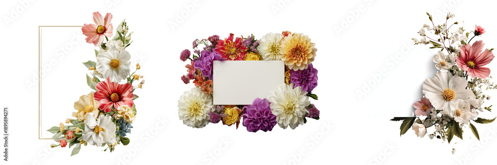 Obraz premium Set of Geometric diamond-shaped flower frame, elegant roses and greenery on transparent png background. Ai generated