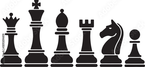 Black chess pieces on a white background