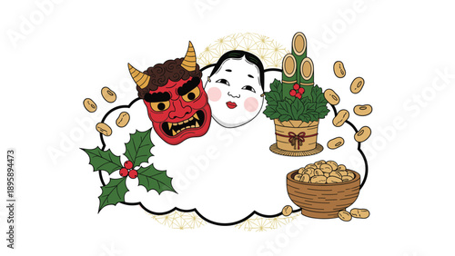 Traditional Japanese Setsubun decorations featuring an oni mask, okame mask, roasted beans, and holly leaves for the annual spring festival.