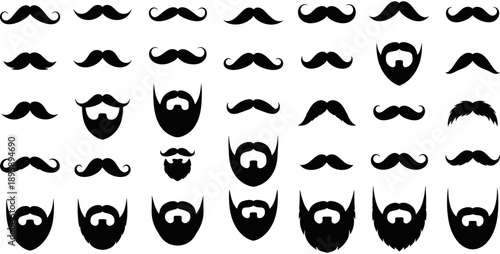 Comprehensive black silhouette collection of various mustache and beard styles featuring goatees, handlebars, and full facial hair for men.