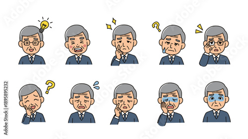 Set of facial expression icons for an elderly businessman showing various emotions like happiness, sadness, confusion, and bright surprise.