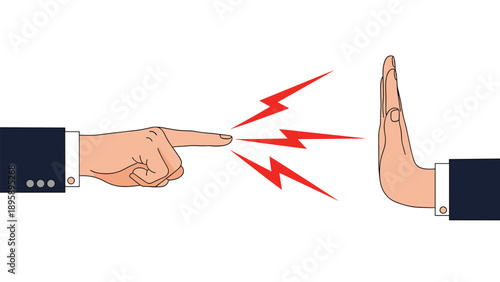 Business hand pointing a blaming finger towards another hand that is making a firm stop gesture symbolizing refusal or conflict resolution.