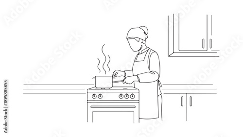 A detailed line art illustration of a person engaged in preparing a delicious meal, stirring a steaming pot on a kitchen stovetop