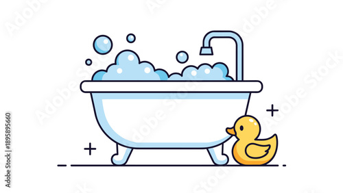 Classic white bathtub filled with fluffy soap bubbles and a cute yellow rubber duck sitting on the side for an enjoyable bath time routine.