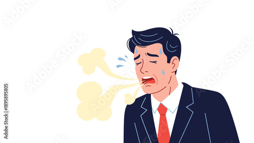 Worried businessman in a formal suit coughing or sneezing with clouds of particles coming from his mouth indicating illness or heavy pollution.